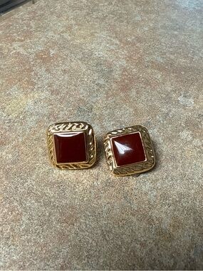 Gold-Tone Square Clip-On Earrings with Deep Red Enamel